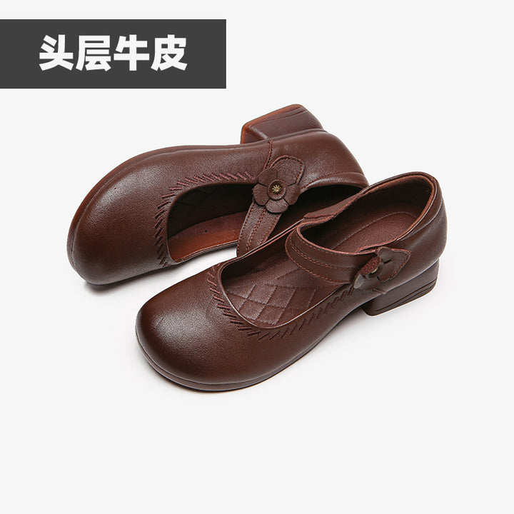 真皮妈妈鞋女坡跟魔术贴浅口单鞋防滑耐磨透气休闲小单鞋2026新款