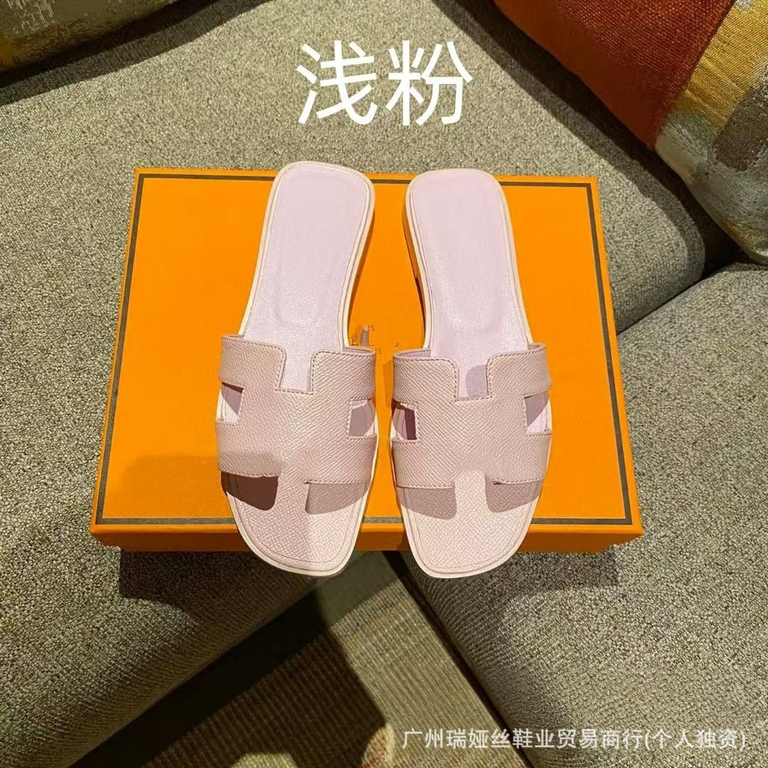 外贸批发经典H女鞋平底居家一字平跟沙滩休闲凉鞋外穿百搭泡沫