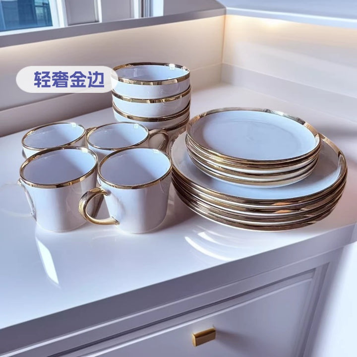 碗碟套装家用碗盘子一套餐具高级感北欧轻奢金边陶瓷餐具