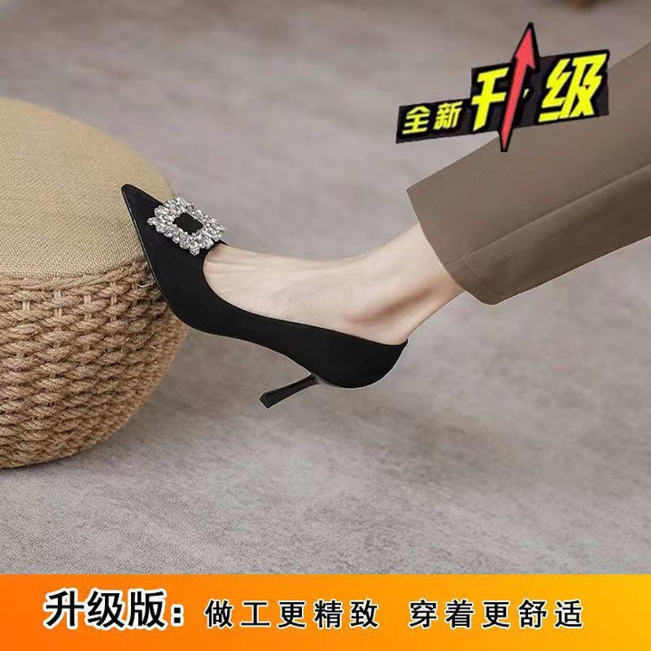 法式洋气百搭小众设计单鞋2025年新款绒面尖头套脚水钻细跟高跟鞋