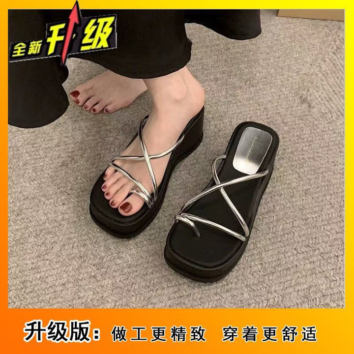 2025新款夏季外穿网红绝美套趾凉拖鞋女时尚高级感坡跟厚底一字拖