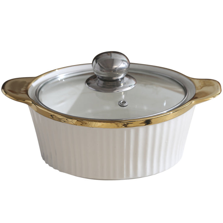 Gold Rim Large Soup Tureen with Lid – European Style Double Handle Serving Bowl