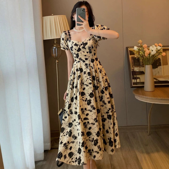 Sexy Floral Off-Shoulder Slip Dress – French Vintage Slim Fit Maxi Dress