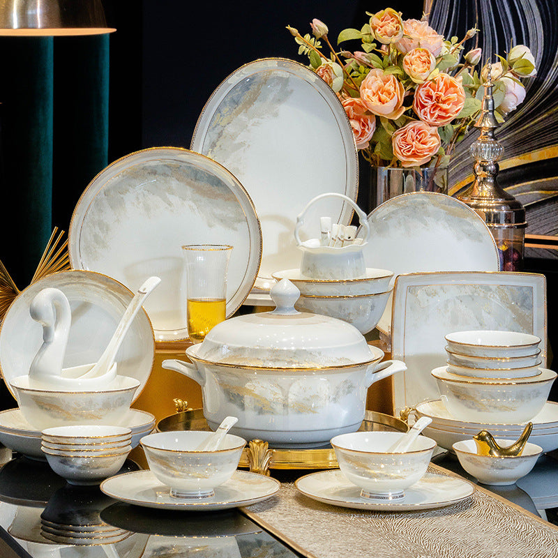 Jingdezhen Light Luxury Ceramic Tableware Set Custom Bowl Premium Bowl Plate Bowl Plate Set Set Home Housewarming Gift