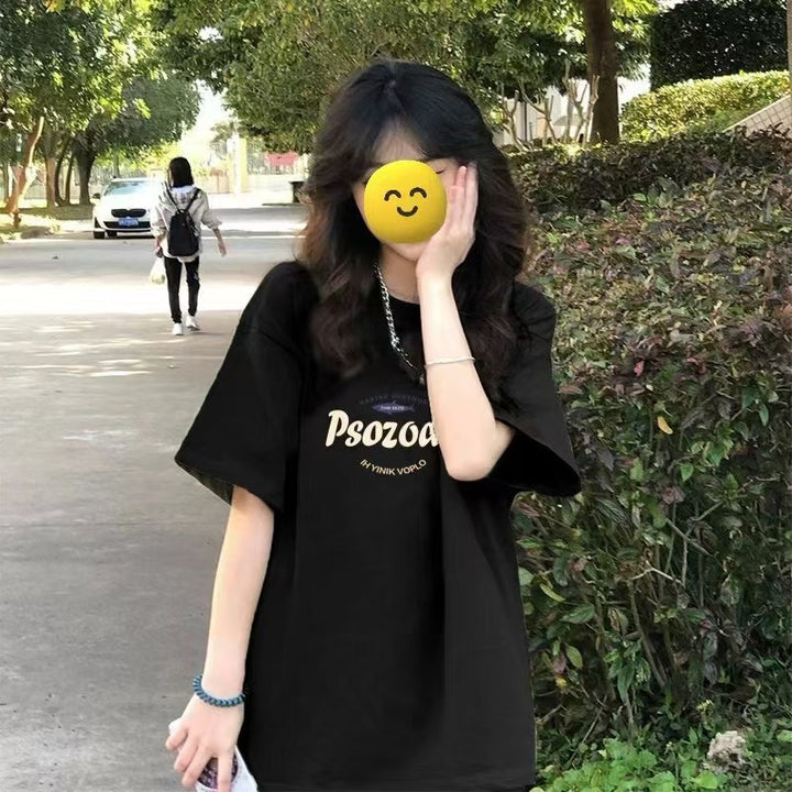 新款慵懒夏季街头T恤圆领字母原宿时尚五分袖百搭潮流女厂家直销