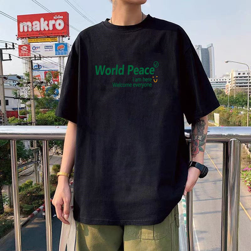 纯棉短袖高级感T恤男港风潮牌大码圆领体恤青少年五分袖厂家直销
