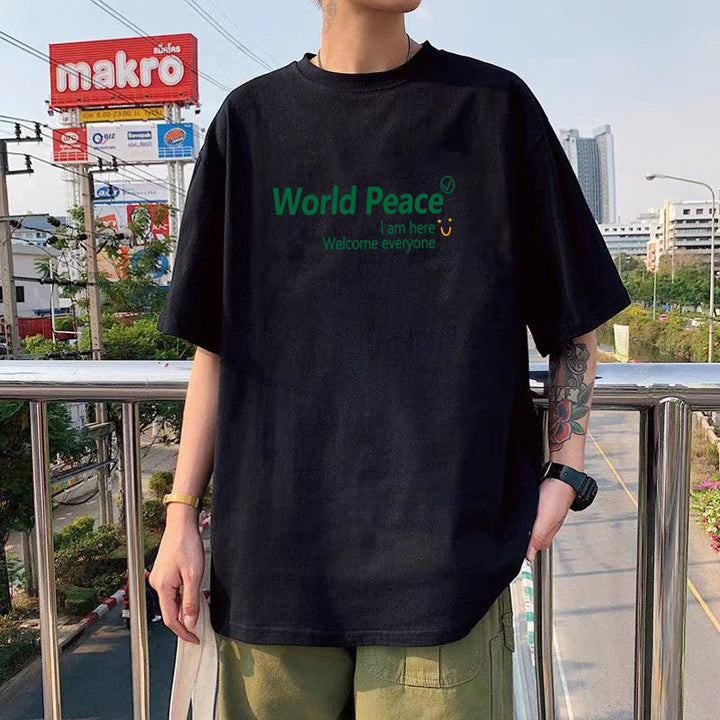 纯棉短袖高级感T恤男港风潮牌大码圆领体恤青少年五分袖厂家直销