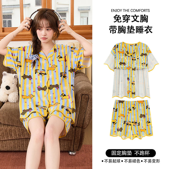 带胸垫清凉睡衣女款爆款2026年新款夏季大码开衫网红夏天家居服夏