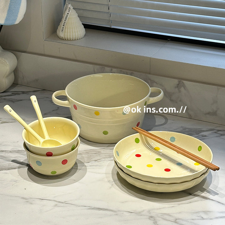 波点可爱陶瓷餐具组合套装碗碟米饭碗一人食碗盘套装家用筷子勺子