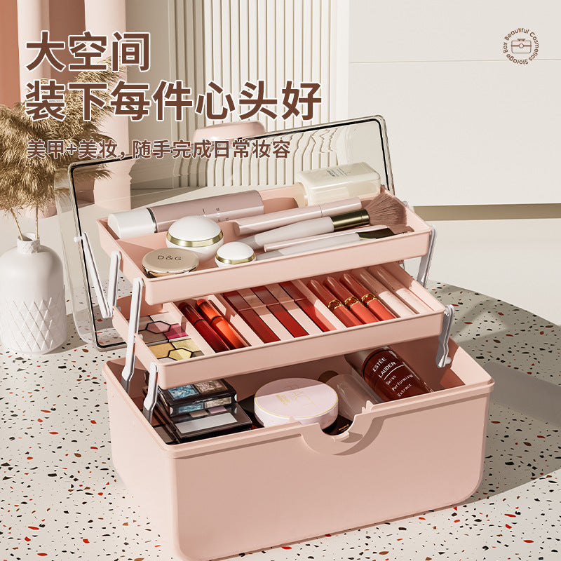 大容量化妆品收纳盒网红塑料防灰尘透明桌面手提式便携药品收纳箱