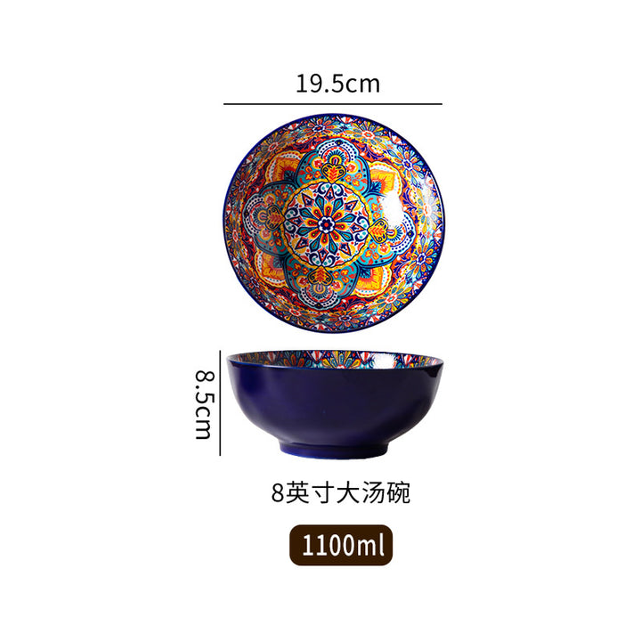 波西米亚陶瓷碗碟套装釉下彩饭碗家用复古双耳汤面碗高级感菜盘子