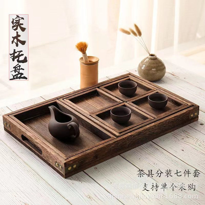 中式多格茶盘实木围炉煮茶茶点零食七件套托盘新款实木创意炭烧盘