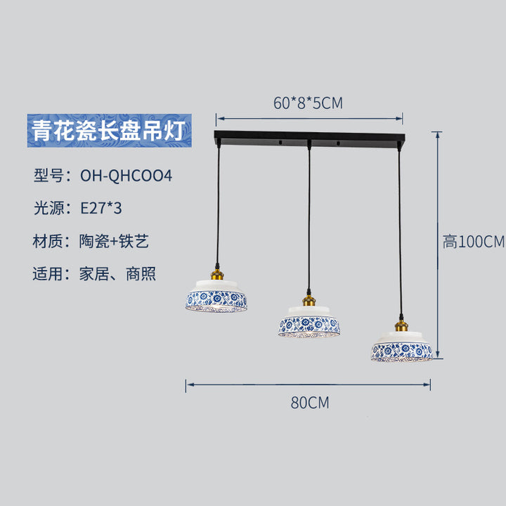 青花瓷餐厅吊灯三头中式古典卧室书房茶室陶瓷玄关楼梯吊灯过道灯