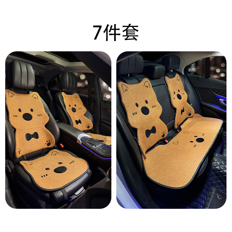 亚麻汽车坐垫四季通用女士可爱卡通狗夏季凉垫适用吉利心愿座椅套