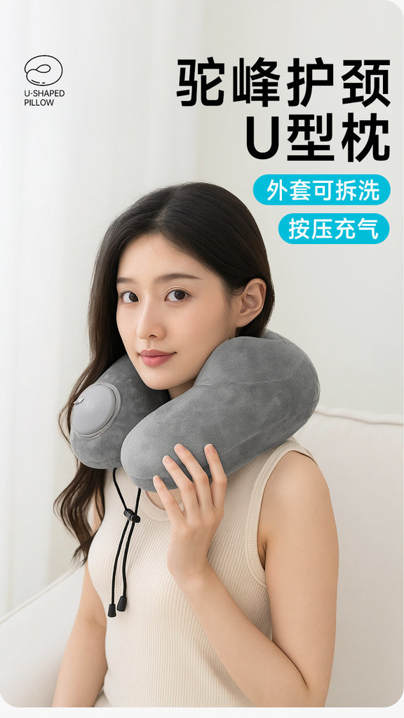 充气u型枕旅行便携颈枕坐车飞机u形枕护颈旅游出行靠脖按压式枕头