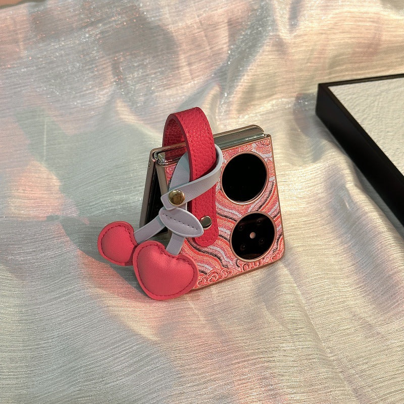 粉色祥云纹适用华为Pocket2手机壳折叠屏MixFlip皮质硬壳腕带女生