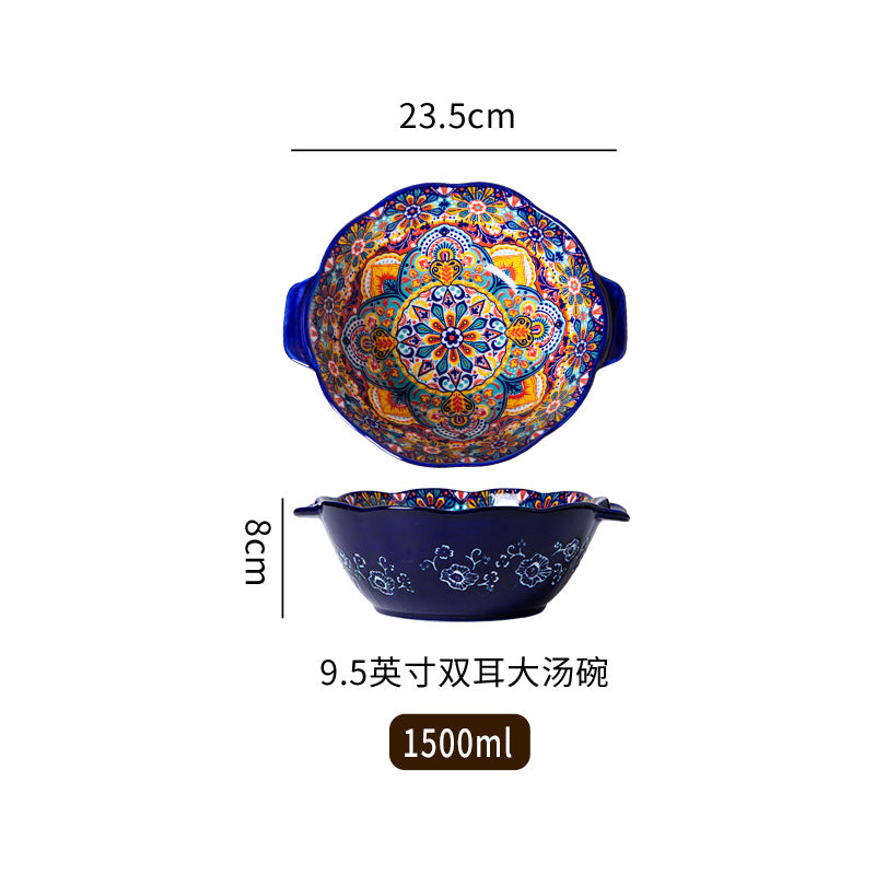 波西米亚陶瓷碗碟套装釉下彩饭碗家用复古双耳汤面碗高级感菜盘子