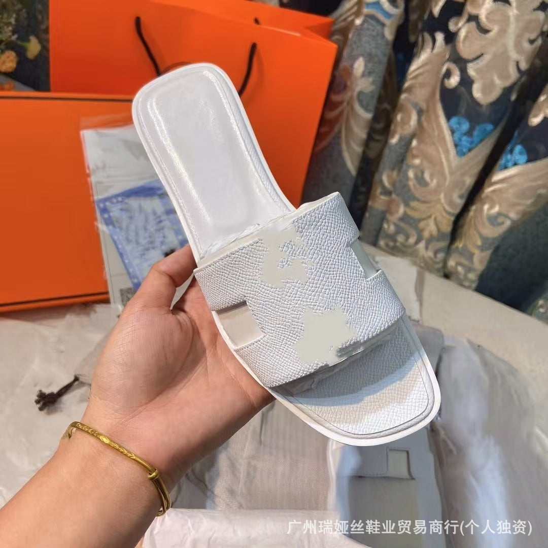 外贸批发经典H女鞋平底居家一字平跟沙滩休闲凉鞋外穿百搭泡沫