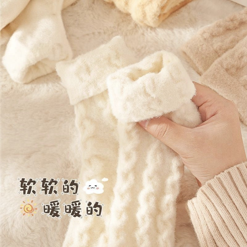 珊瑚绒睡觉穿的袜子秋冬中筒加绒加厚保暖抗寒居家睡眠过冬地板袜