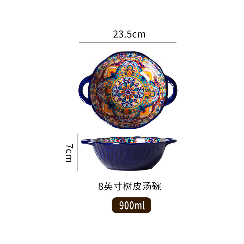 波西米亚陶瓷碗碟套装釉下彩饭碗家用复古双耳汤面碗高级感菜盘子