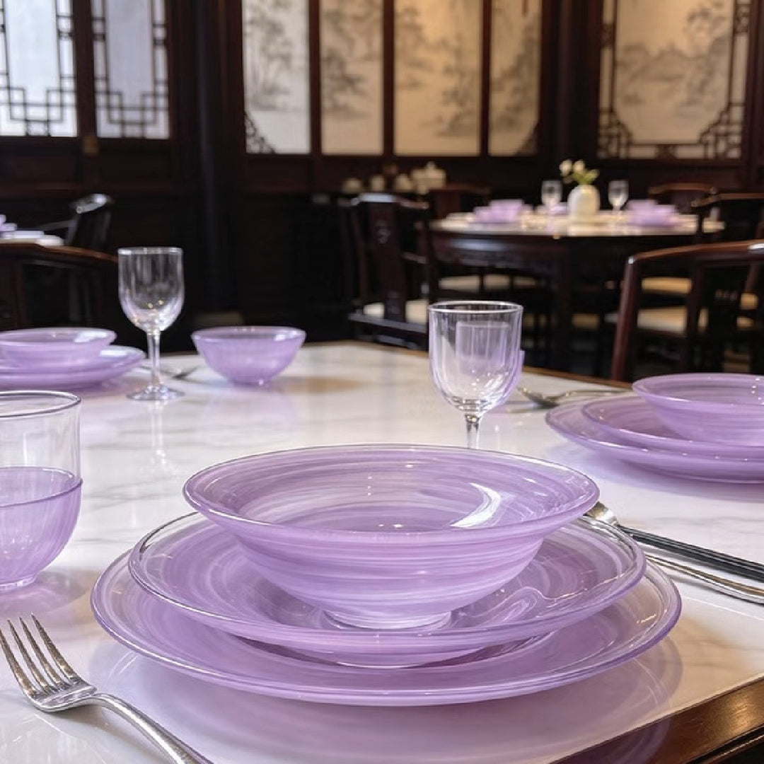 高颜值紫色玻璃碗碟套装家用轻奢风餐具盘子菜盘米饭碗釉下彩餐盘