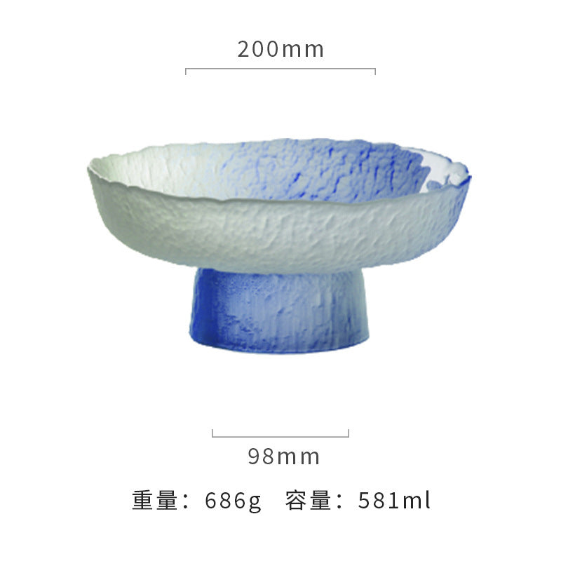 新款彩色冰露果盘水晶玻璃多彩高脚果盘批发渐变粉蓝盘子轻奢套装
