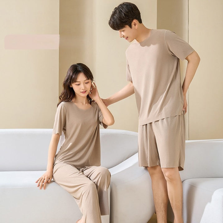 凉感冰丝睡衣情侣春夏天薄款短袖大码休闲无痕纯色家居服套装批发