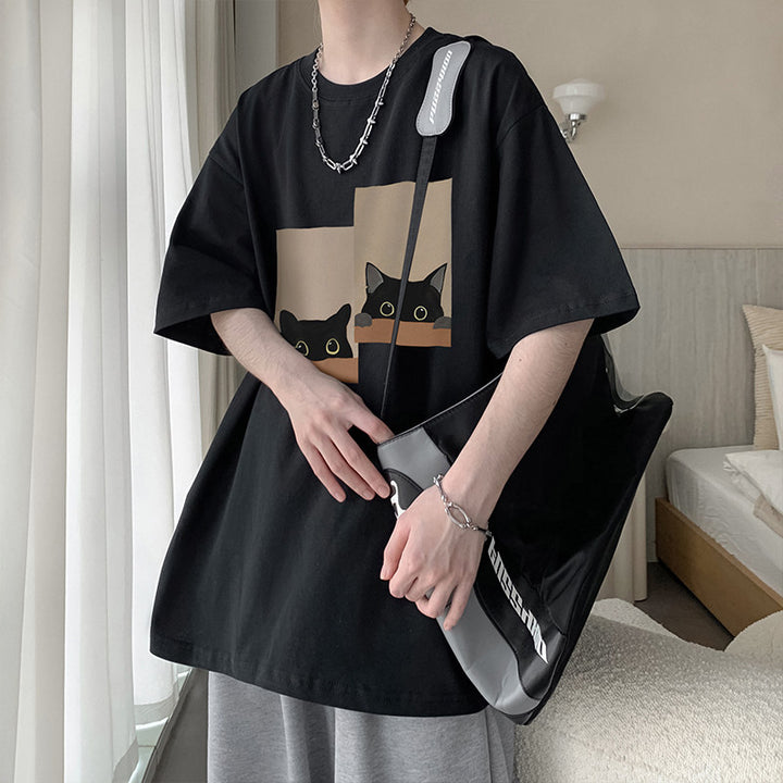 酒红色短袖t恤男夏季2025新款纯棉半袖衫潮牌印花宽松男生上衣服