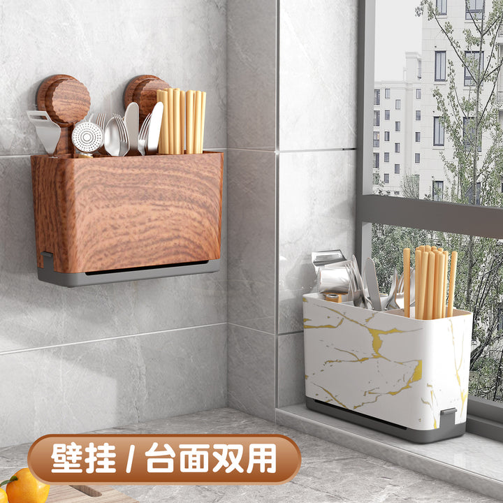 筷子收纳盒壁挂式厨房餐具木质中古沥水置物架家用勺子筷笼筷子筒