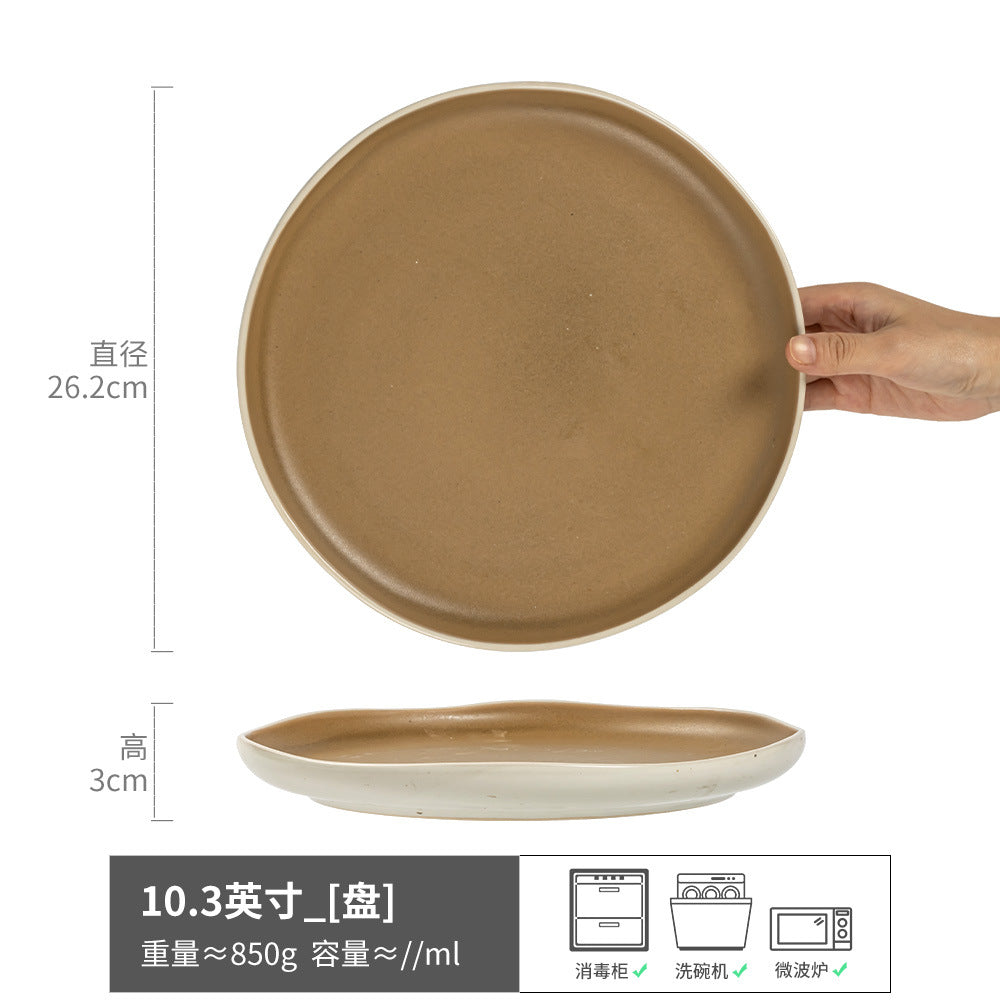 日式风哑光棕色陶瓷盘子餐盘家用餐厅沙拉碗菜碗拉面碗异形碗批发