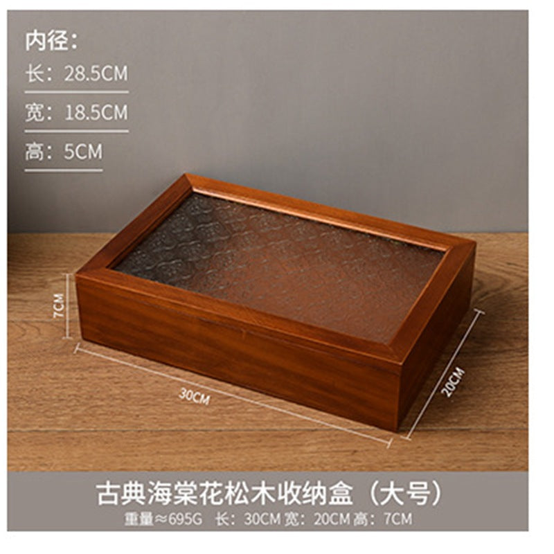 木质首饰盒复古杂物储物箱家用桐木防尘翻盖海棠花玻璃桌面收纳盒
