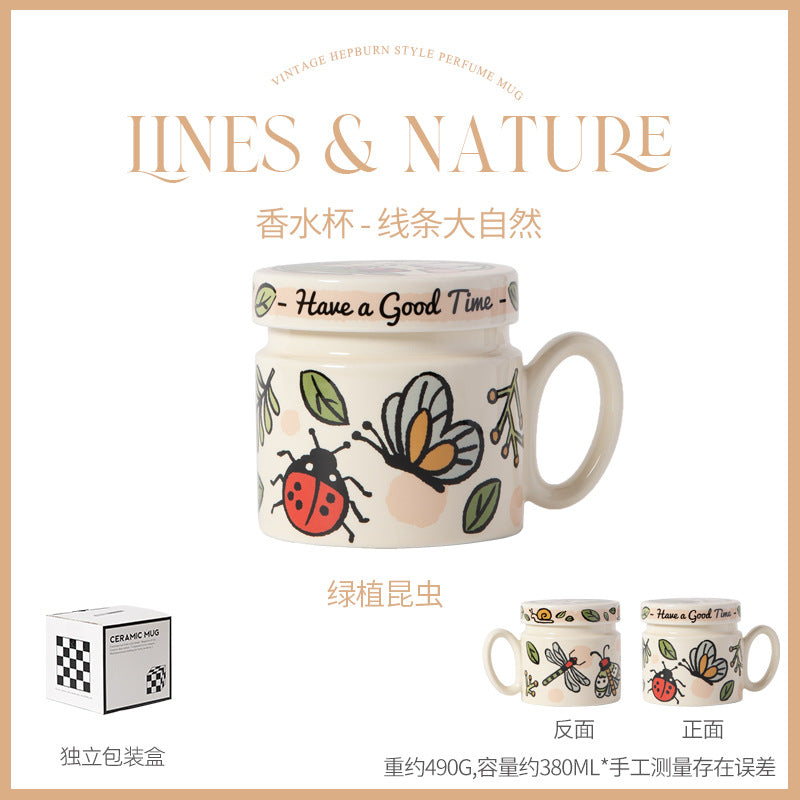 花鸟水果带盖水杯对杯套装可印制批发厂家直售牛奶杯防烫陶瓷杯