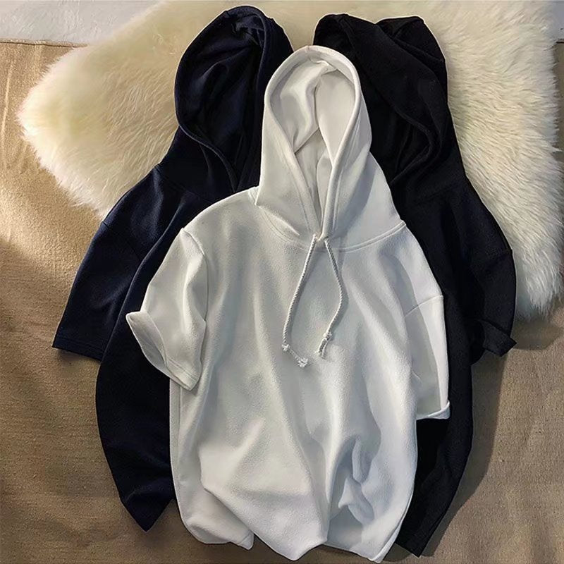 连帽短袖T恤男简约百搭卫衣夏季chic港味oversize衣服ins半袖上衣