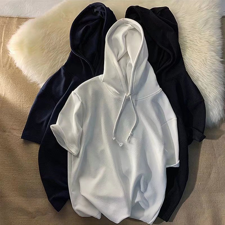 连帽短袖T恤男简约百搭卫衣夏季chic港味oversize衣服ins半袖上衣