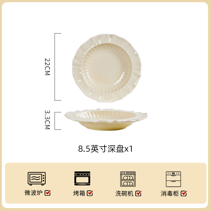 奶油风浮雕陶瓷碗碟套装家用简约新款餐具乔迁盘子碗具高级感