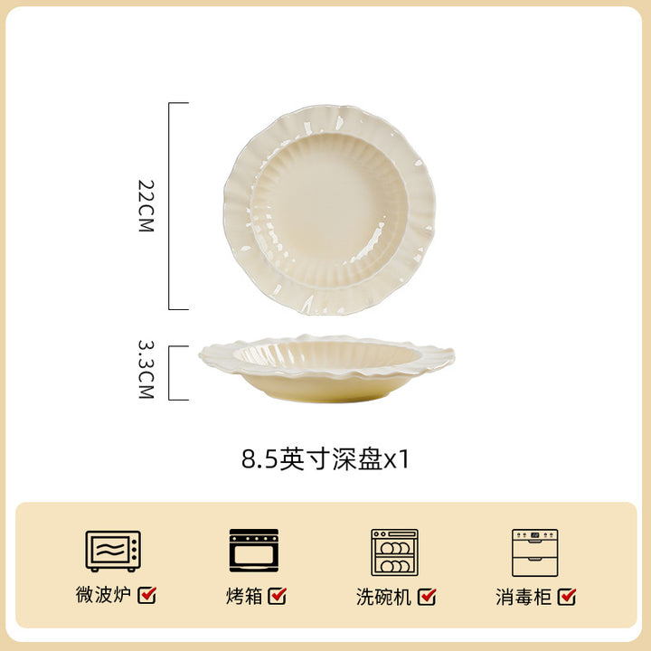 奶油风浮雕陶瓷碗碟套装家用简约新款餐具乔迁盘子碗具高级感