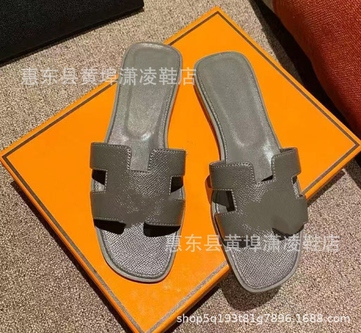 跨境外贸经典H拖鞋羊皮平底女拖鞋沙滩一字拖鞋女士凉拖鞋