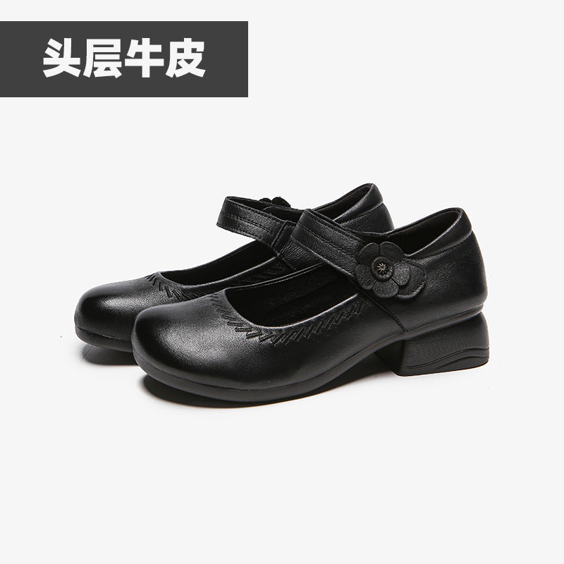 真皮妈妈鞋女坡跟魔术贴浅口单鞋防滑耐磨透气休闲小单鞋2026新款