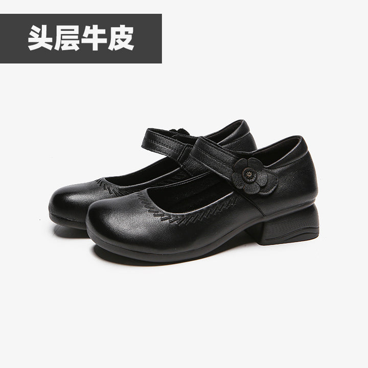 真皮妈妈鞋女坡跟魔术贴浅口单鞋防滑耐磨透气休闲小单鞋2026新款