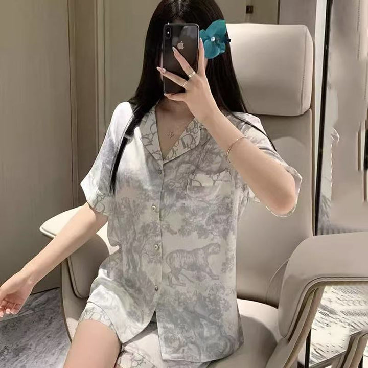 ins网红睡衣女春秋凉感冰丝可外穿高级感家居服奢华长袖夏天套装