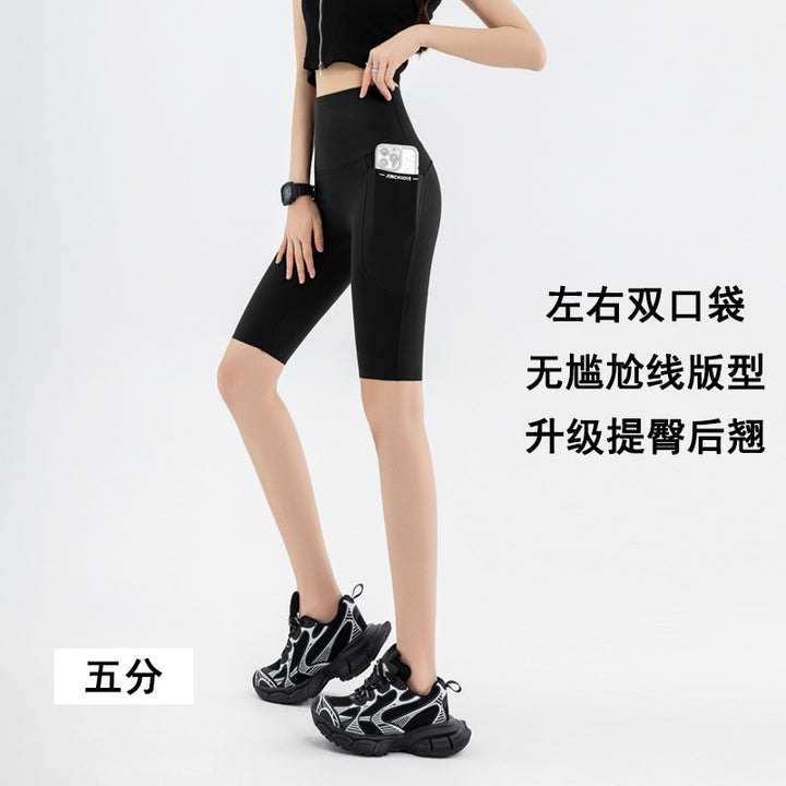 夏新款七分瑜伽裤女高腰口袋外穿鲨鱼裤大码200斤打底裤跨境货源
