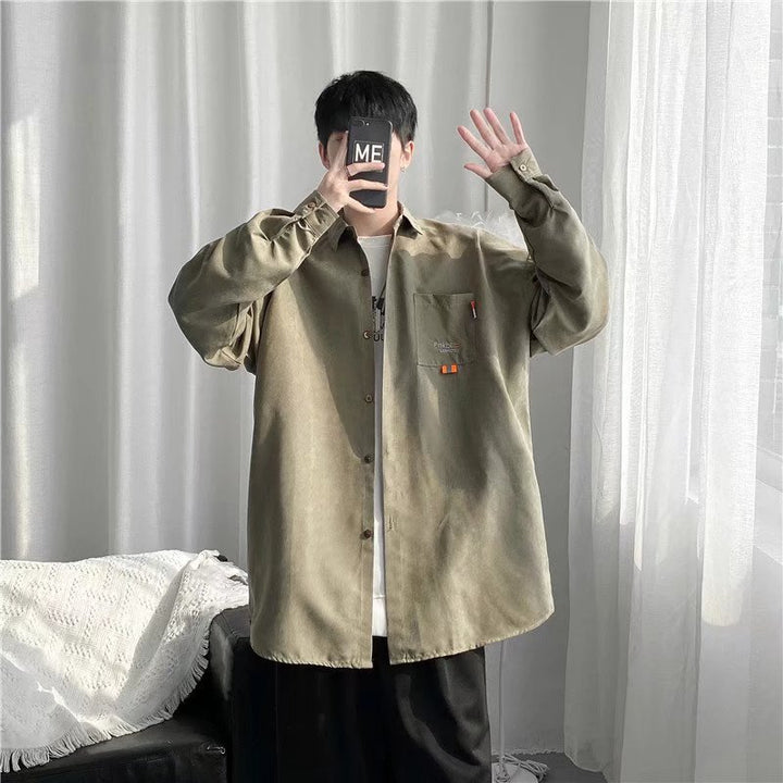 2023秋季新款韩版潮流长袖衬衫男ins简约纯色衬衣宽松灯芯绒外套