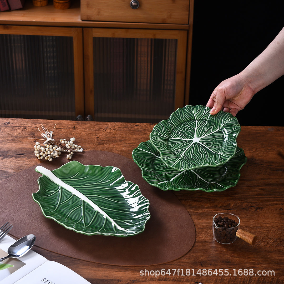 法式浮雕餐盘碗碟套装家用白菜系绿釉陶瓷餐盘酒店餐具热菜凉菜盘