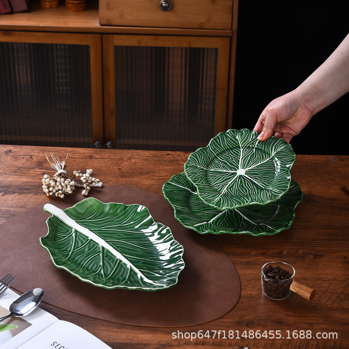 法式浮雕餐盘碗碟套装家用白菜系绿釉陶瓷餐盘酒店餐具热菜凉菜盘