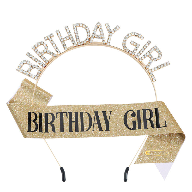 时尚水钻发箍肩带BIRTHDAY GIRL套装 女孩生日装饰腰带派对礼物