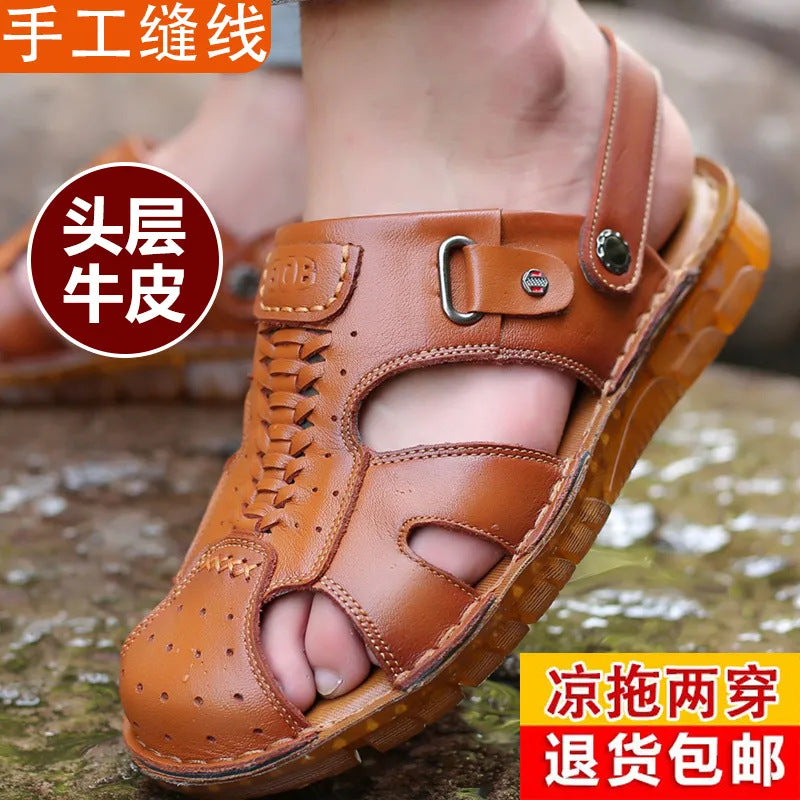 男夏季户外凉鞋男士休闲拖鞋两穿真皮牛皮牛津底男鞋沙滩鞋批发