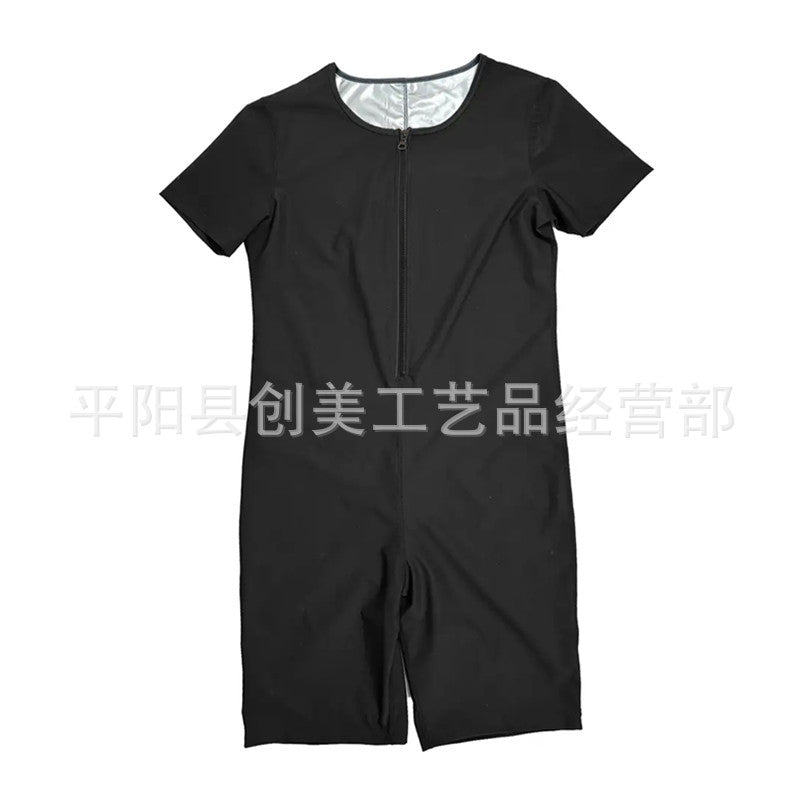 男士三合一全身桑拿连体衣腰部训练器紧身运动套装带拉链暴汗短袖