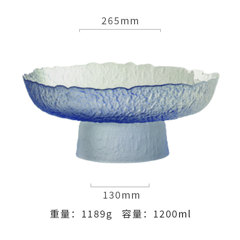 新款彩色冰露果盘水晶玻璃多彩高脚果盘批发渐变粉蓝盘子轻奢套装