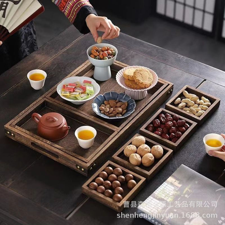 中式多格茶盘实木围炉煮茶茶点零食七件套托盘新款实木创意炭烧盘