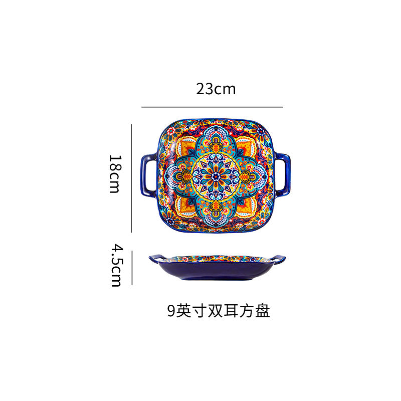 波西米亚陶瓷碗碟套装釉下彩饭碗家用复古双耳汤面碗高级感菜盘子